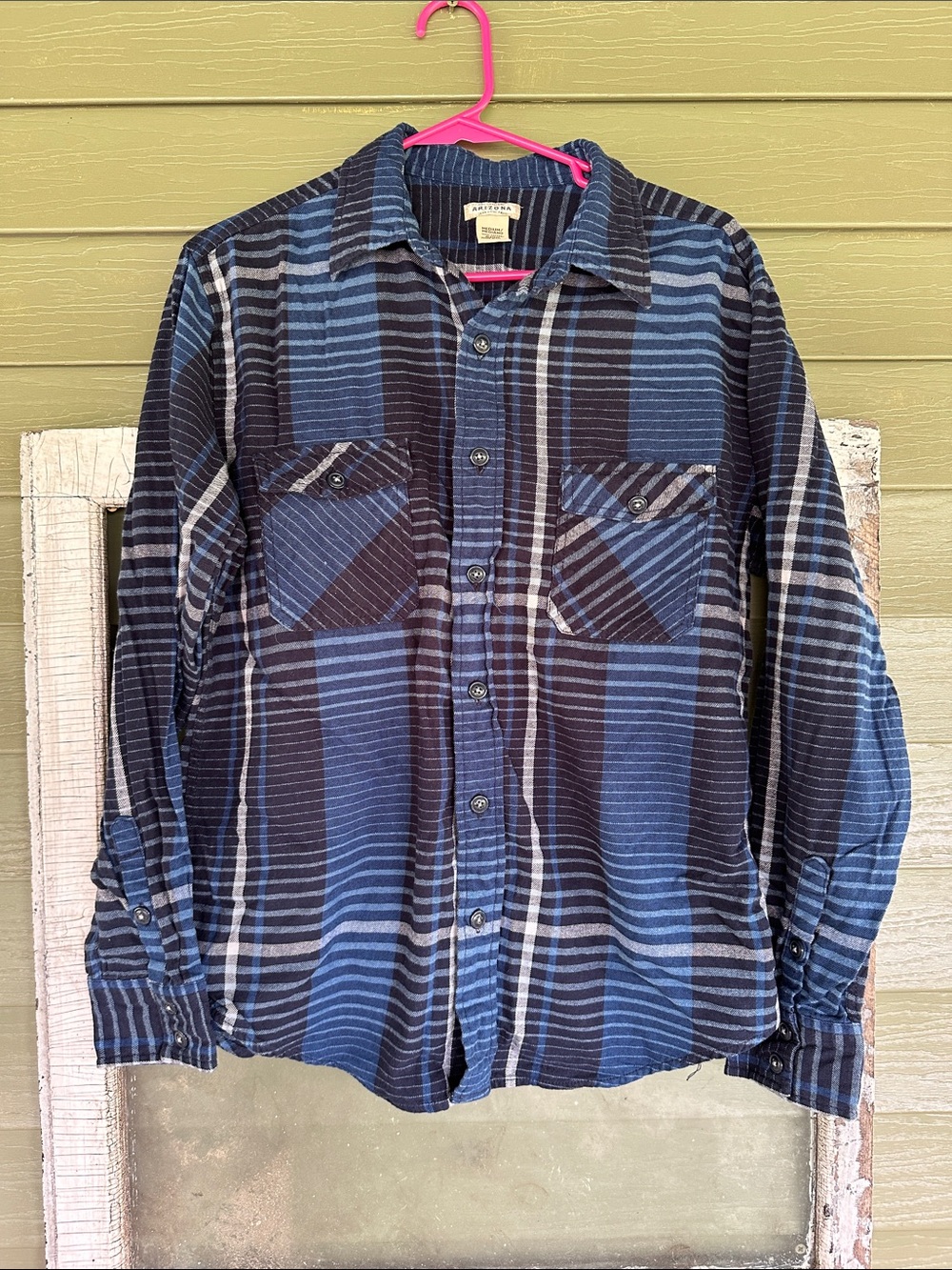 Arizona Jean Company Blue and Black Plaid Button-Up Shirt